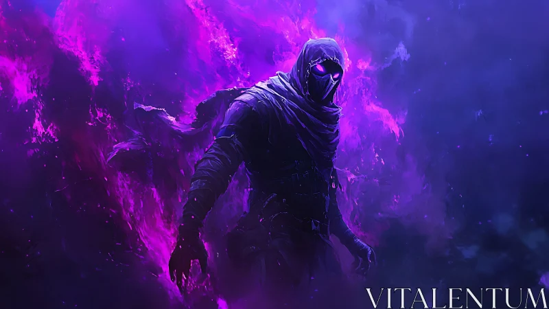 Voidwalker in violet flames stalks the neon-dark horizon.