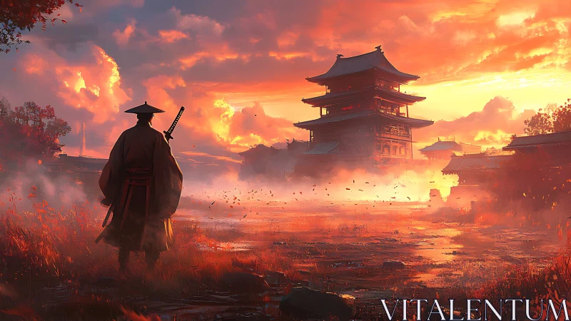 Samurai silhouette before temple in incandescent sunset mist.