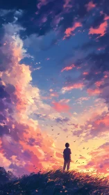 Solitary figure watches sunset clouds ignite the sky.