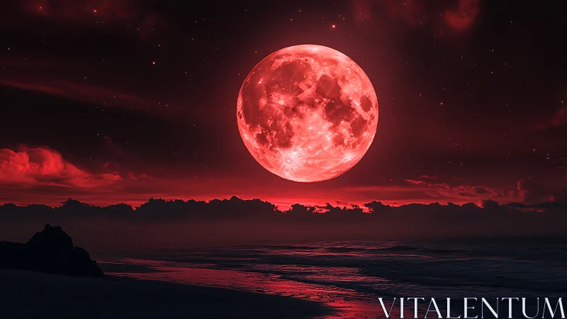 Red full moon over dark ocean horizon at night sky.