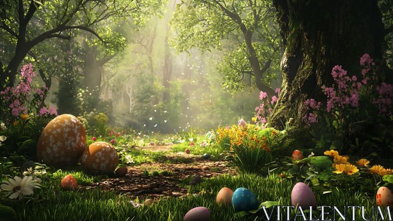 Forest clearing with decorated eggs and dense spring flora.