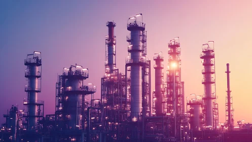Sunlit refinery towers glow warmly under a pastel evening sky