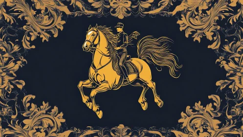 Golden equestrian silhouette within ornate baroque frame.