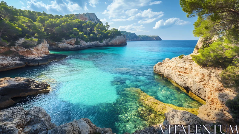 Rocky Mediterranean cove with stratified cliffs and clear cyan water