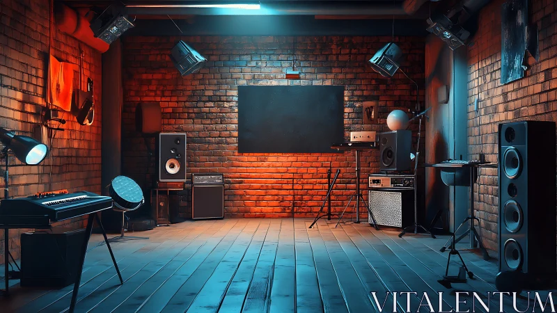 Neon brick studio glows as silent band of instruments waits.