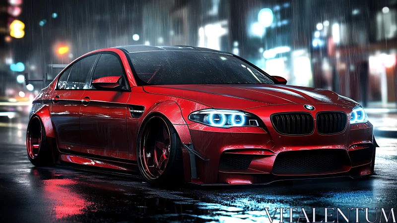 Red sports sedan is rendered on wet city street at night