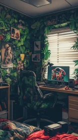 Jungle gamer haven glows around a leafy camo battlestation.
