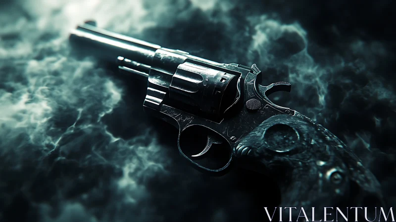 Metallic revolver handgun in dense swirling smoke field.