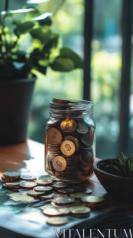 Bitcoin coins stacked in glass savings jar on sunny desk.