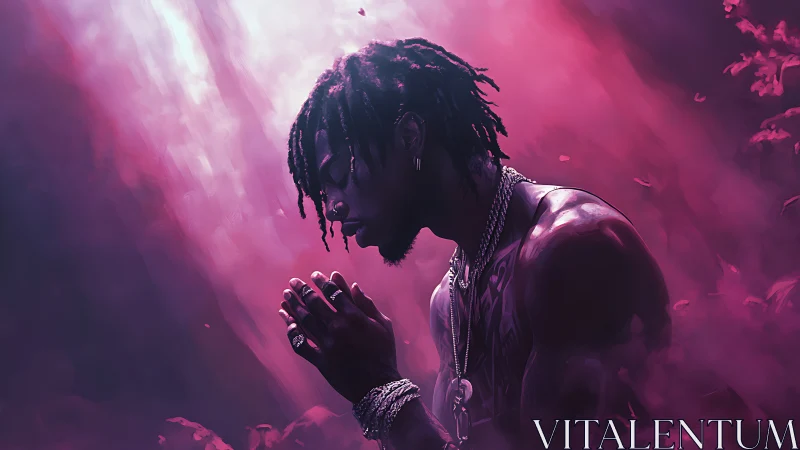 Soft violet prayers in a glowing dreamlike forest haze.