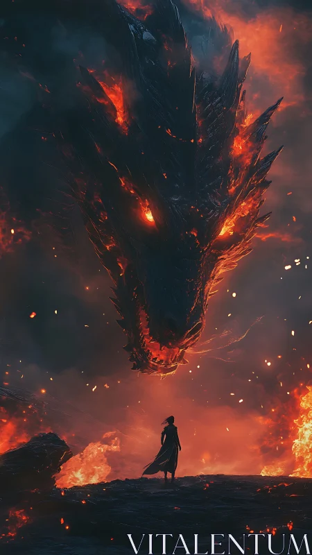 Fire dragon looms over lone warrior amid erupting inferno.