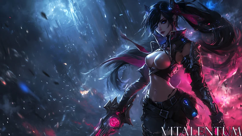 Neon storm huntress ignites a cybernight battlefield.