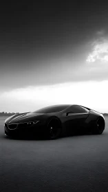 Black sports coupe on open asphalt under overcast sky.