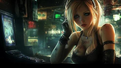 Cyberpunk hacker girl leans over neon-lit workstation desk.