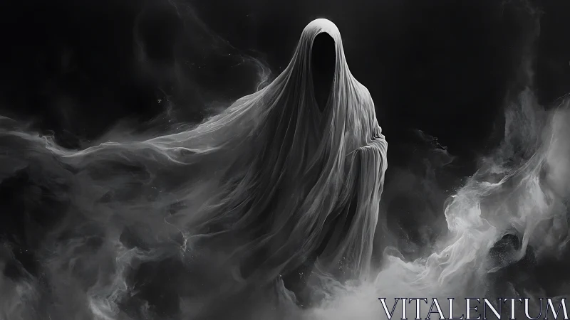 Mystic shrouded spirit rises softly from swirling gray mist