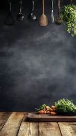 Rustic kitchen still life with herbs, carrots, and utensils.