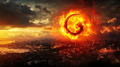 Massive spiral sun engulfing cityscape in apocalyptic vision