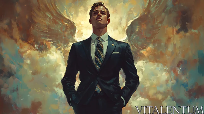 Angel-winged businessman stands within glowing storm clouds.