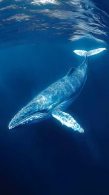 Blue whale glides through sunlit ocean depths in silence.