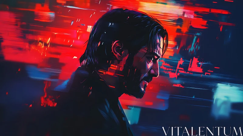 Brooding hitman in neon glitch storm digital portrait.