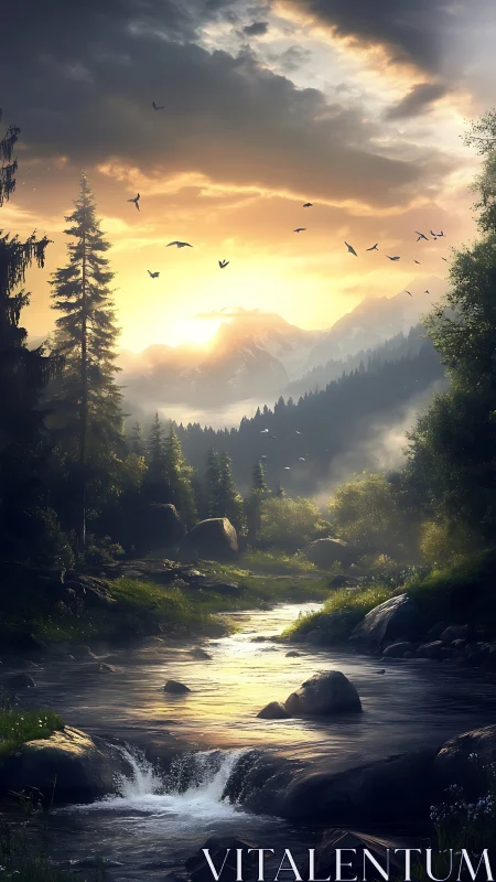 Sunrise river stitches silver light through misty pines