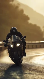 Sunrise ride with a lone motorcyclist on a wet mountain road.