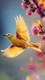 Luminous yellow songbird in flight beside glowing blossoms.