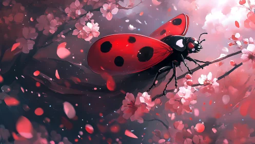 Giant red ladybug rests on blooming cherry branch in dusk