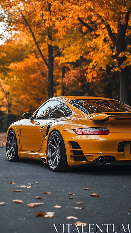 Golden sports coupe under saturated autumn foliage canopy.