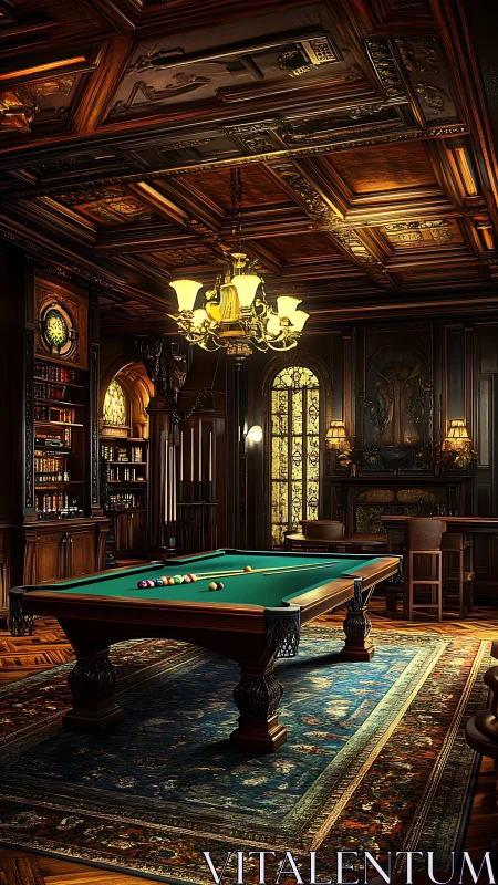 Luxury billiards room with ornate wood and warm lighting.
