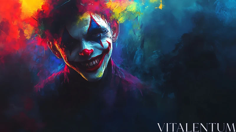 Electric clown portrait in swirling neon night clouds.