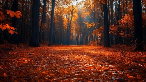 Autumn Forest Path with Golden Canopy Light and Fallen Leaf Texture