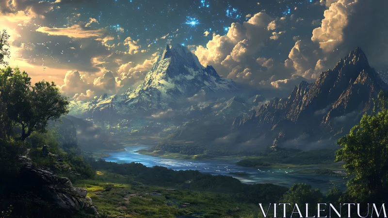 Epic fantasy valley with towering snow peak at sunset.