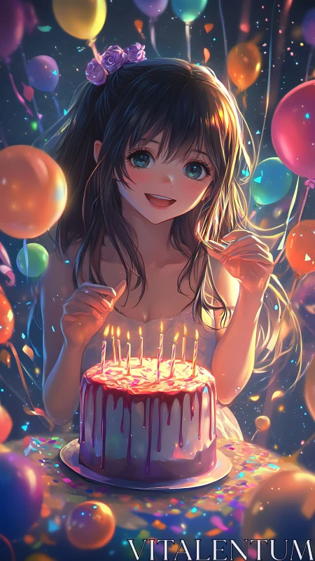 Animated Figure with Birthday Cake Among Luminous Spheres