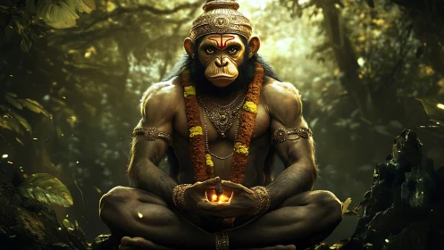 Simian figure in ornate adornment seated in forest setting.
