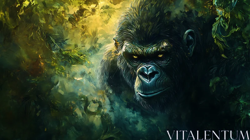 Gorilla portrait emerging from dense glowing jungle foliage.