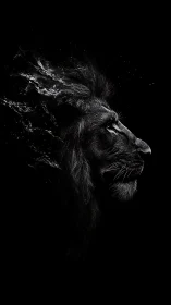 Monochrome lion profile with dissolving mane in darkness.