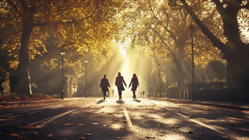 Backlit pedestrians crossing autumn avenue under dense tree canopy