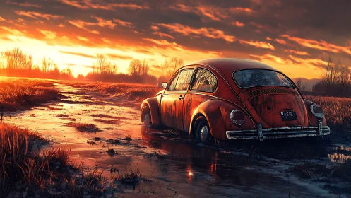 Rusting compact car sits in flooded rural track at sunset
