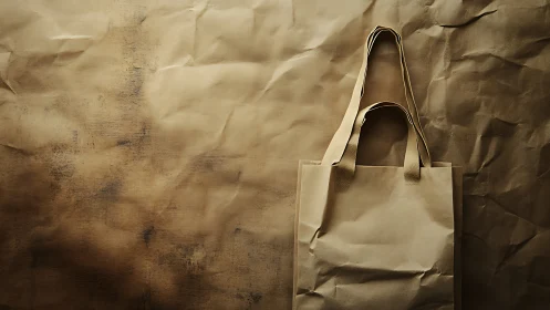 Kraft paper shopping bag with flat handles on textured brown backdrop