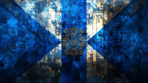 Distressed blue Scottish saltire with ornate gold emblem.