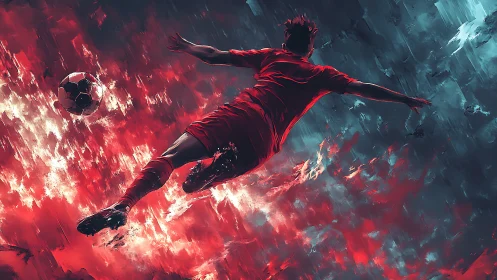 Soccer player in midair kick within red and blue field.