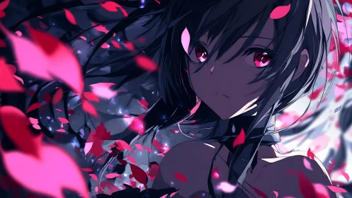 Petal vortex around crimson-eyed anime heroine portrait.