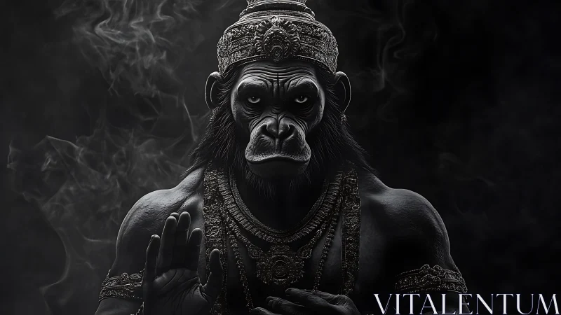 Regal warrior ape in ornate crown against dark smoke.