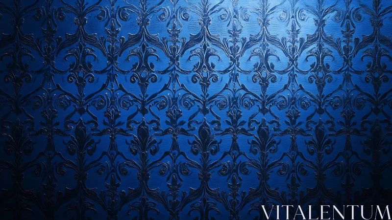 Midnight damask ripples across a luminous sapphire wall