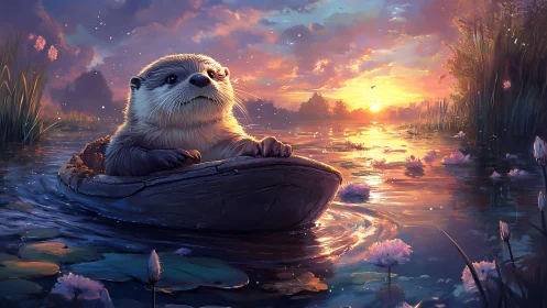 Otter’s golden hour boat ride on a dreamy lily pond.