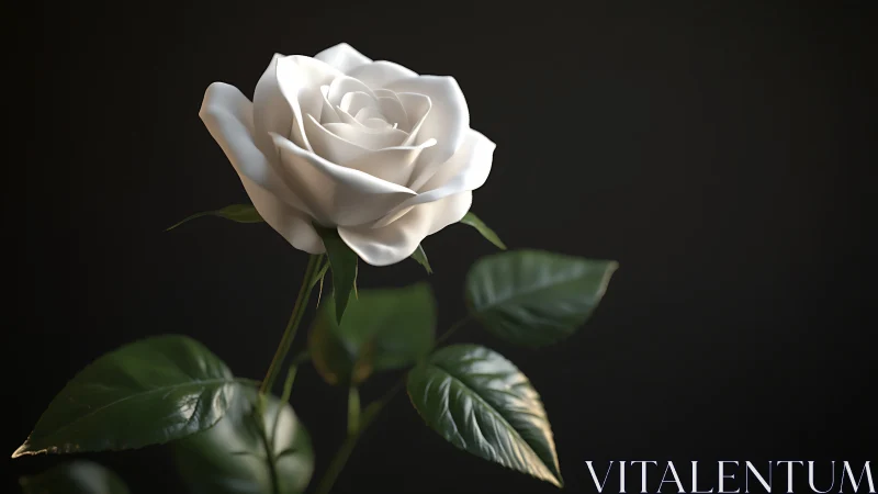 White rose bloom positioned against dark background with dramatic lighting effect.