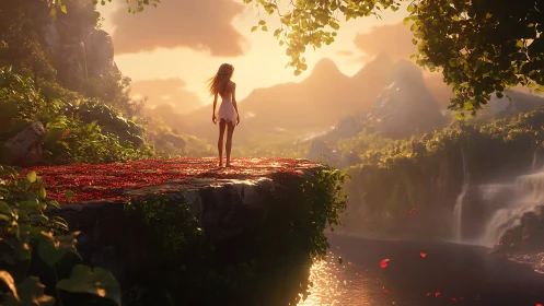 Young dreamer on a sunlit cliff of petals and waterfalls.