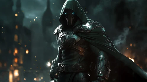 Hooded cyber knight stalks burning nocturnal cityscape.