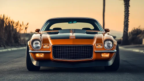 Classic orange muscle car faces camera on empty road at dusk